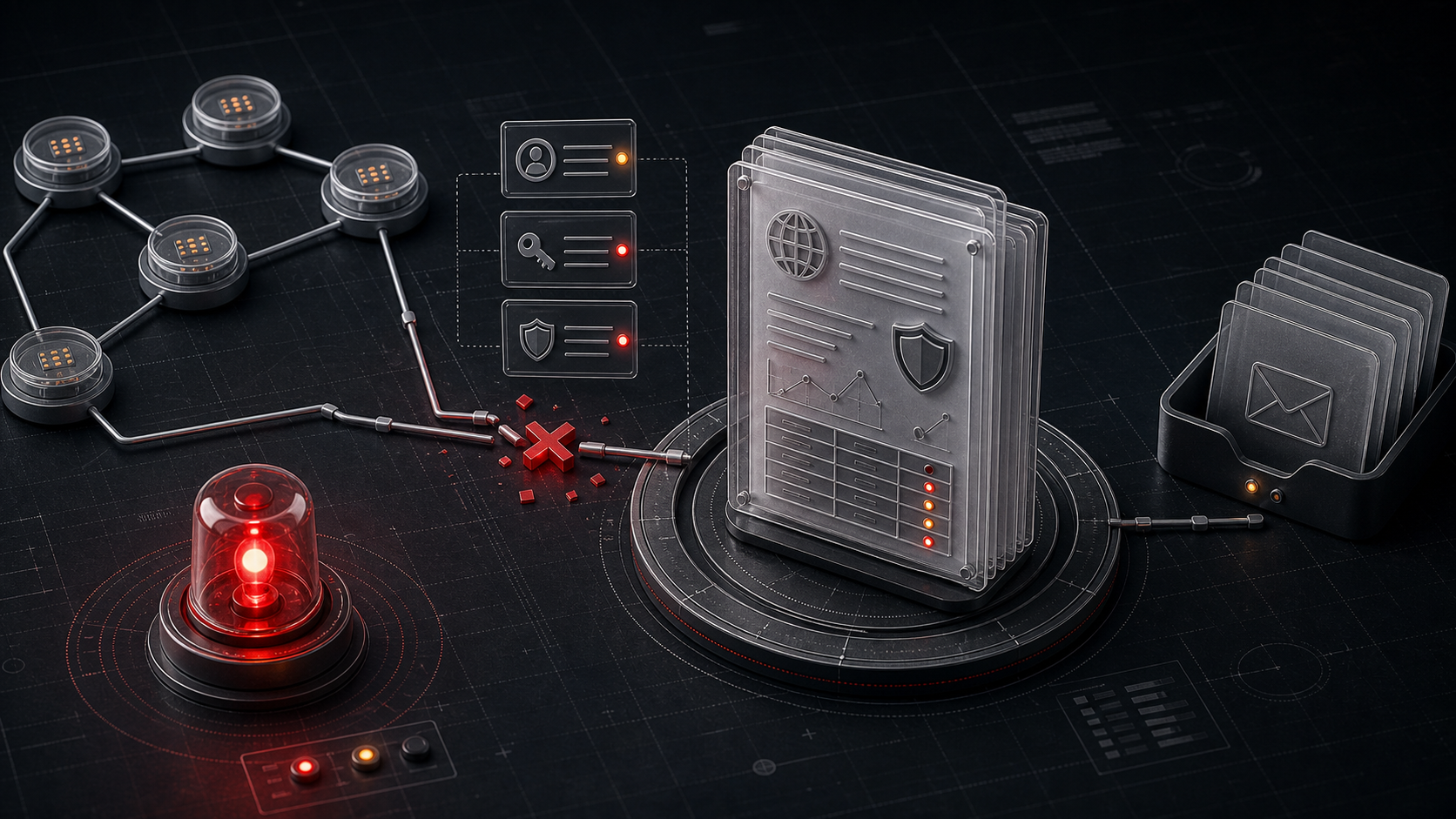 A dark email authentication diagnostic plate with a red alert beacon and broken delivery route.