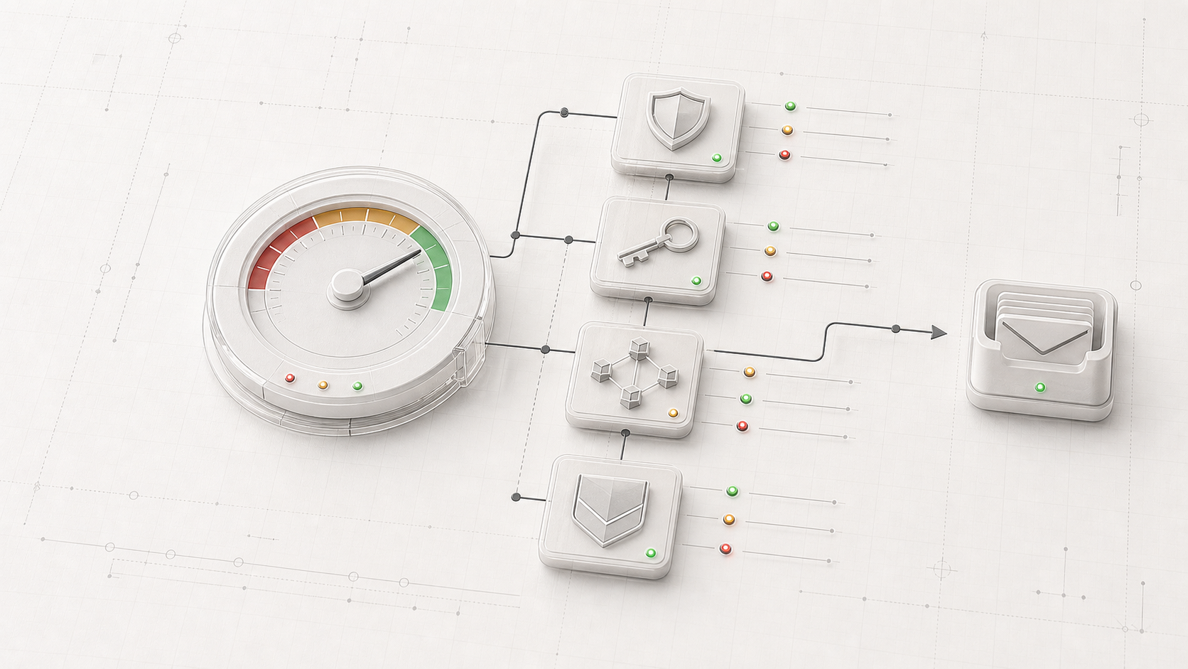 A soft 3D diagnostic score dial connected to SPF, DKIM, DNS, and inbox modules.