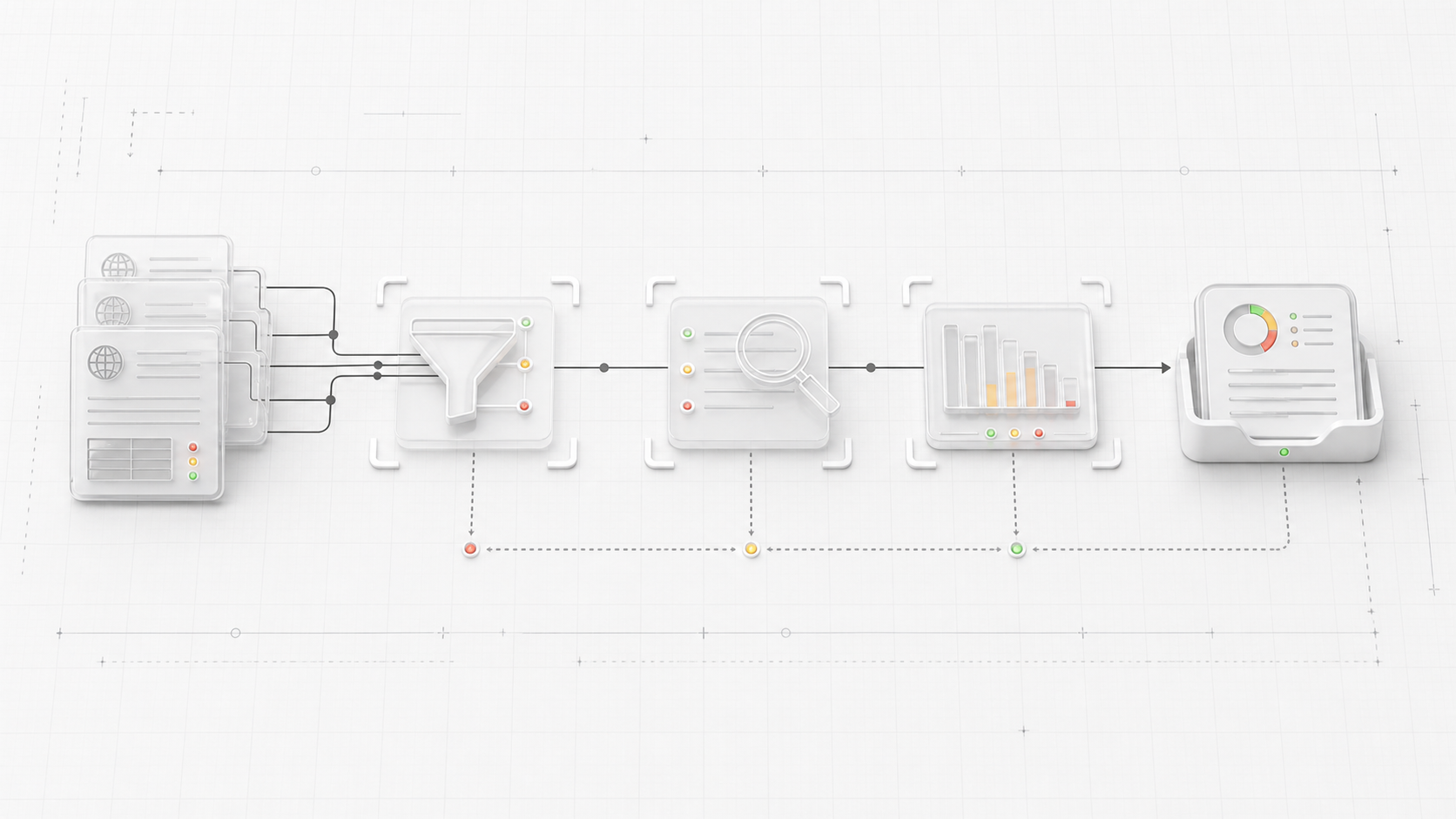 Stacked email report packets flowing through a clean aggregation and inspection route.