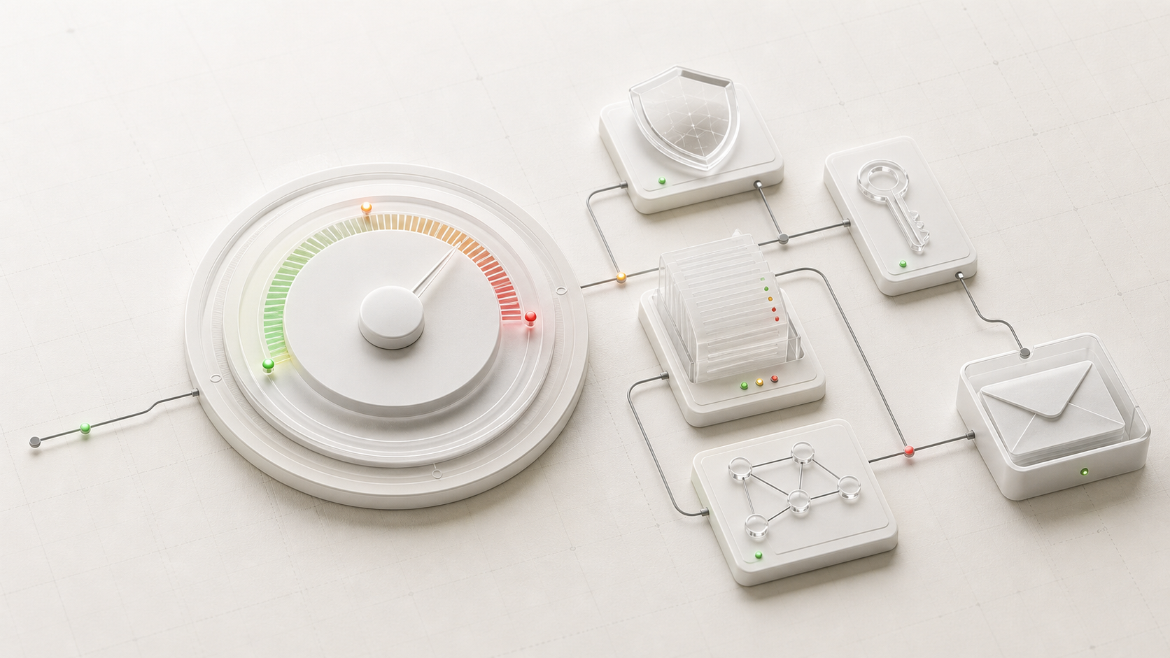 A soft 3D diagnostic plate with a domain health score dial connected to SPF, DKIM, DMARC, DNS, and inbox modules.